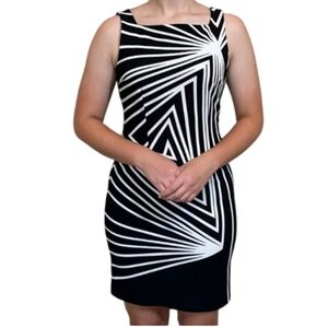 London Times Women's Black & White Print Sleeveless Boat Neck Shift Dress Size 8